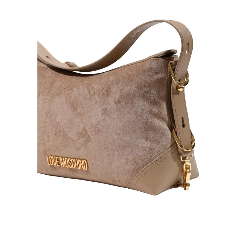 Beige suede love moschino shoulder bag with gold-tone hardware and detachable strap 18 cm for women
