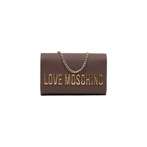 Braune Love Moschino Clutch-Handtasche aus Polyurethan mit goldfarbenem Schriftzug und Kettenriemen, 5 x 13 x 5 cm