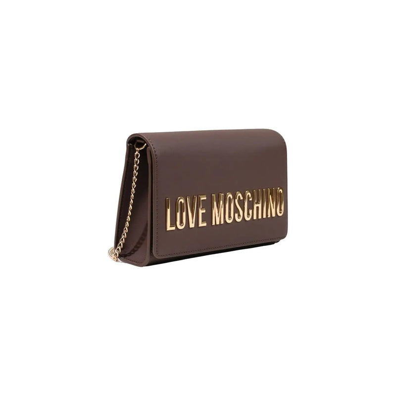 Brown Love Moschino polyurethane clutch handbag with gold-tone lettering and chain strap 5x13x5cm