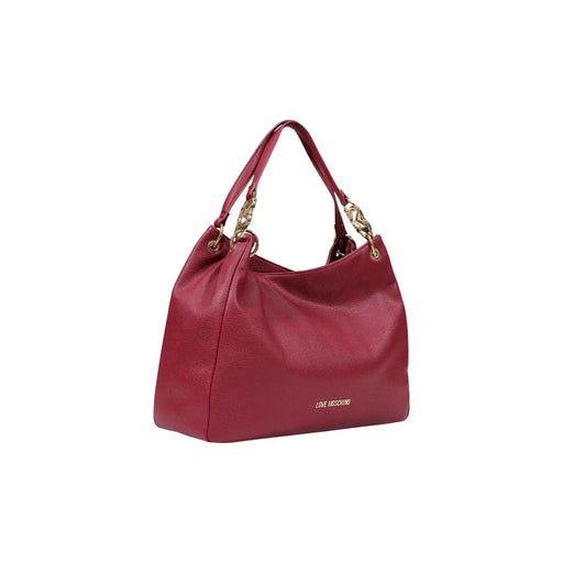 Ein burgunderrotes Polyurethan Love Moschino Hobo-Tasche für Damen mit goldfarbenen Kettenakzenten und dezentem Logo, Maße: 42 x 28 x 14 cm