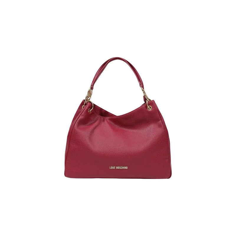 A vibrant red love Moschino handbag with textured leather finish and gold-tone hardware in polyurethane material