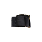 Love moschino women black leather trifold wallet with gold-tone zipper accents in polyurethane material