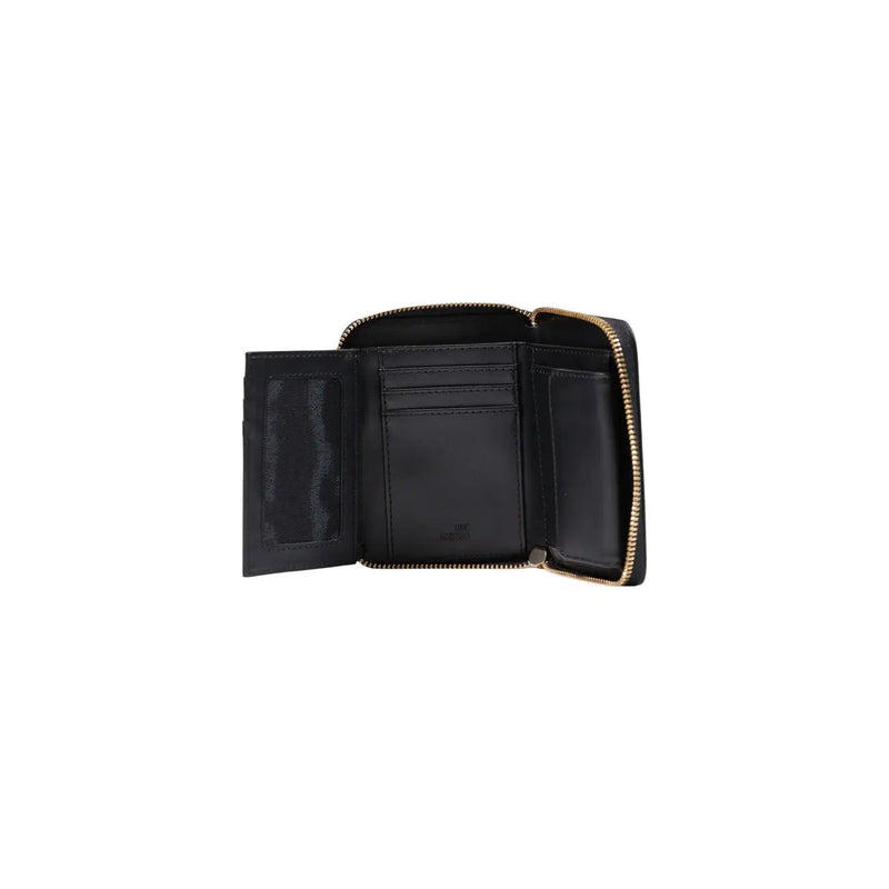 Love moschino women black leather trifold wallet with gold-tone zipper accents in polyurethane material