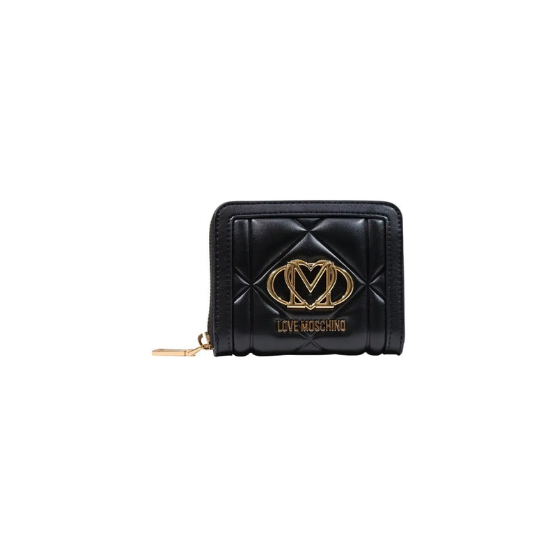 Black quilted Love Moschino women wallet in polyurethane with gold-tone logo and zipper pull W13xH9xL3 cm