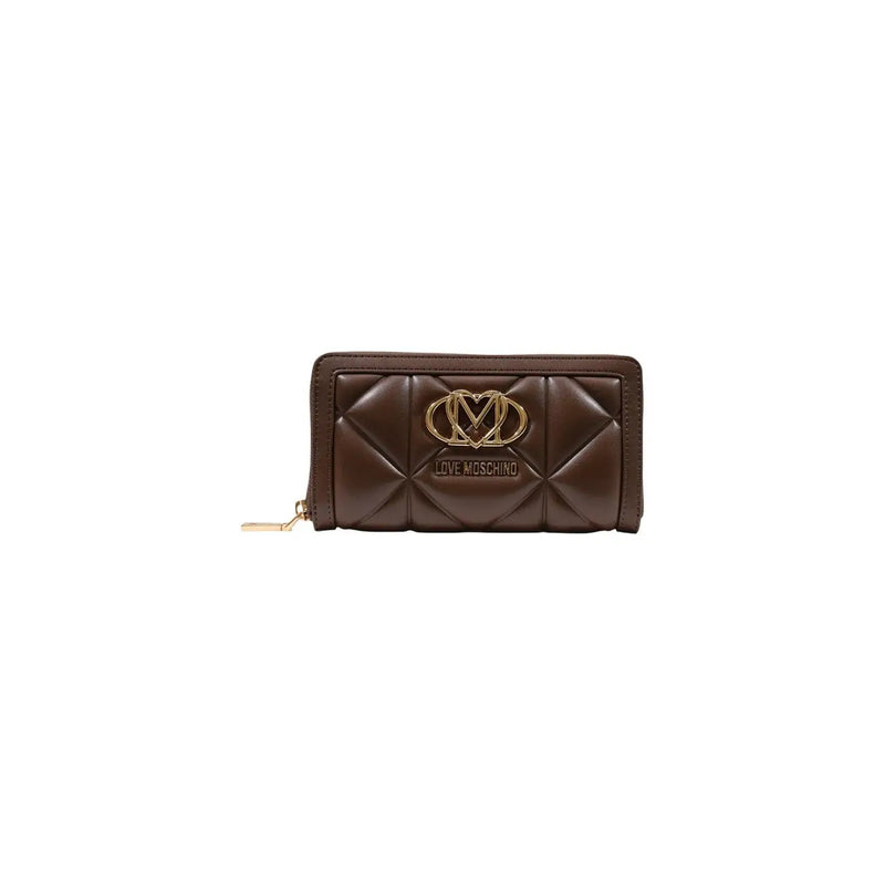 Brown quilted Love Moschino zip wallet with gold-tone logo clasp in polyurethane measuring 18cm for women