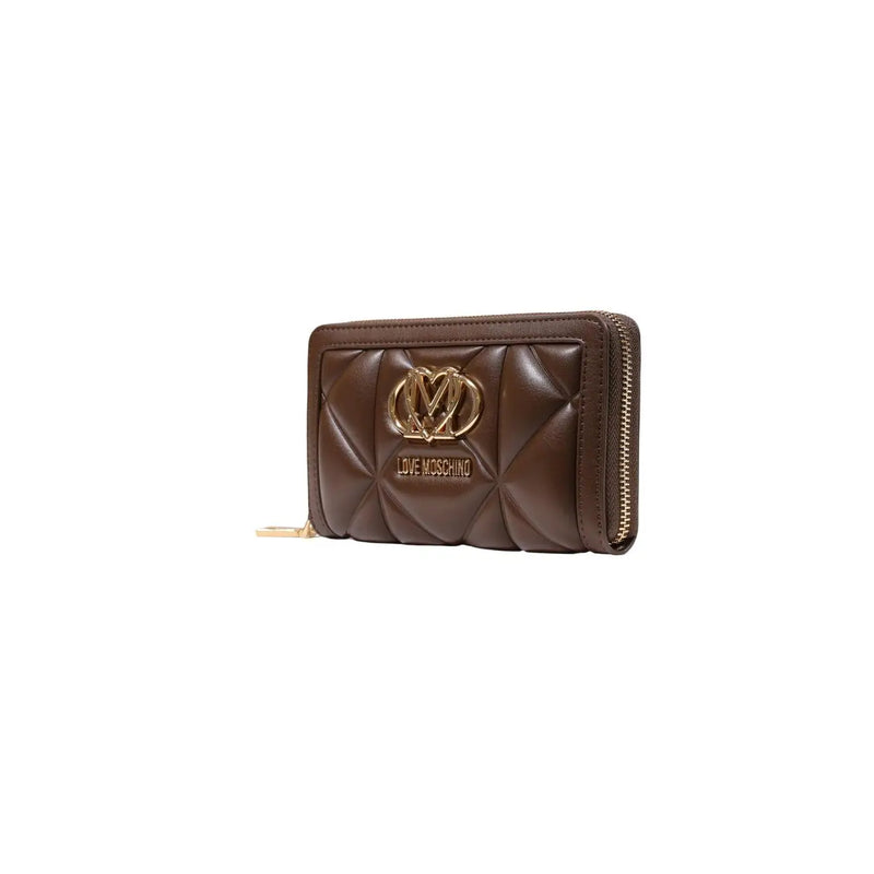 Brown quilted love Moschino women’s wallet in polyurethane with gold-tone logo and zipper, size 18cm