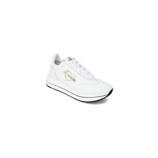 White leather Love Moschino women sneakers with a gold heart logo and black rubber platform sole