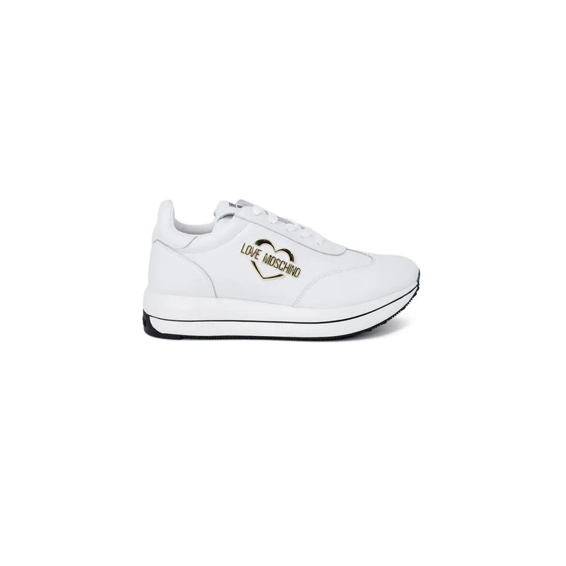 Love moschino women white leather platform sneakers with a gold heart logo on the side