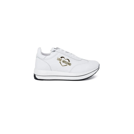 Love moschino women white leather platform sneakers with a gold heart logo on the side