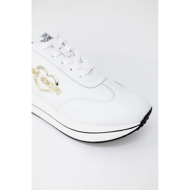 White leather love moschino women platform sneaker with gold heart logo and black rubber sole front view