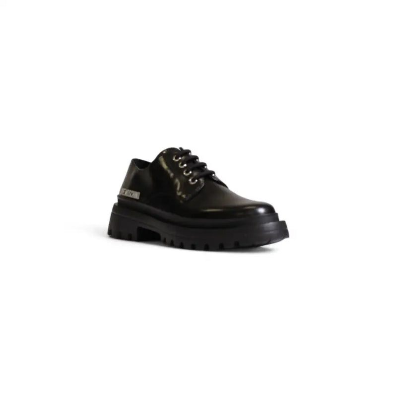 Love Moschino women’s black leather lace-up shoe with chunky platform sole and metallic eyelets in leather and polyurethane