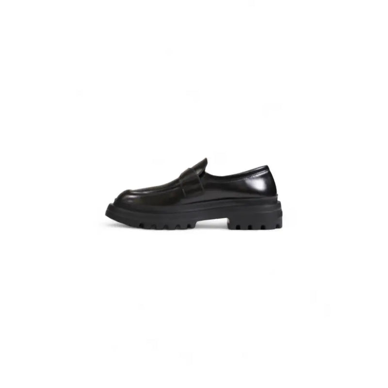 Love moschino women’s black leather loafers with chunky rubber sole and single strap across the toe