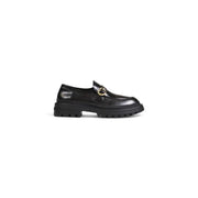 Love Moschino women’s black leather loafer with gold-toned buckle and chunky rubber sole