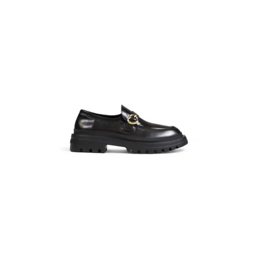 Love Moschino women’s black leather loafer with gold-toned buckle and chunky rubber sole