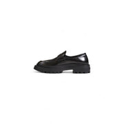 Love moschino women’s black leather loafers with chunky rubber sole and single strap across the toe