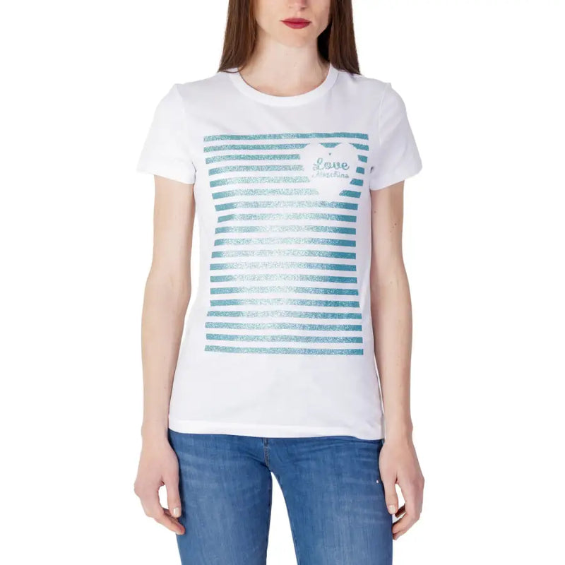 Love Moschino women’s white cotton t-shirt with glittery teal stripes and heart-shaped love logo on the chest