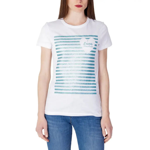 Love Moschino women’s white cotton t-shirt with glittery teal stripes and heart-shaped love logo on the chest