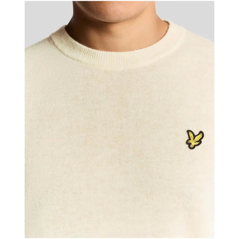 Lyle & Scott beige marl wool blend crewneck sweater with yellow embroidered bird logo on the left chest