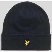 Navy blue beanie with yellow bird logo, lyle & scott brand.
