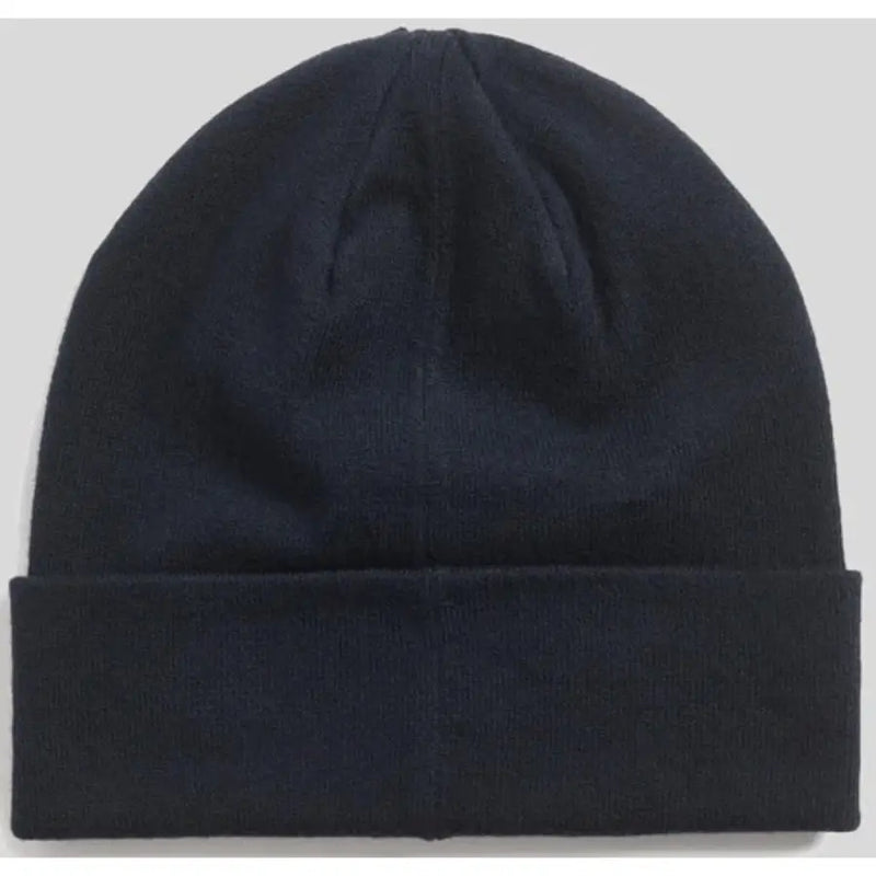 Black beanie with folded cuff and ribbed texture.