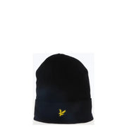 Black beanie with yellow logo, lyle & scott brand.