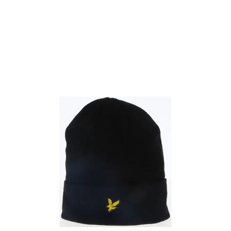 Black beanie with yellow logo, lyle & scott brand.