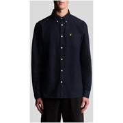 Navy blue Lyle & Scott long sleeve cotton shirt with button-down front and yellow bird logo on left chest pocket