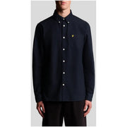 Navy blue Lyle & Scott long sleeve cotton shirt with button-down front and yellow bird logo on left chest pocket