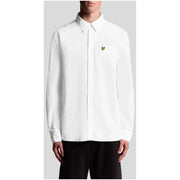 Men’s white long-sleeve cotton shirt with small embroidered emblem and single pocket