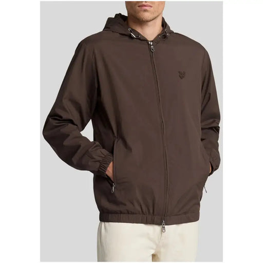 Brown hooded zip-up jacket with subtle embroidered logo on chest from lyle & scott green hooded blazer all seasons collection