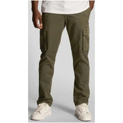 Lyle & Scott green men’s olive cargo trousers with multiple pockets and a yellow logo on the thigh