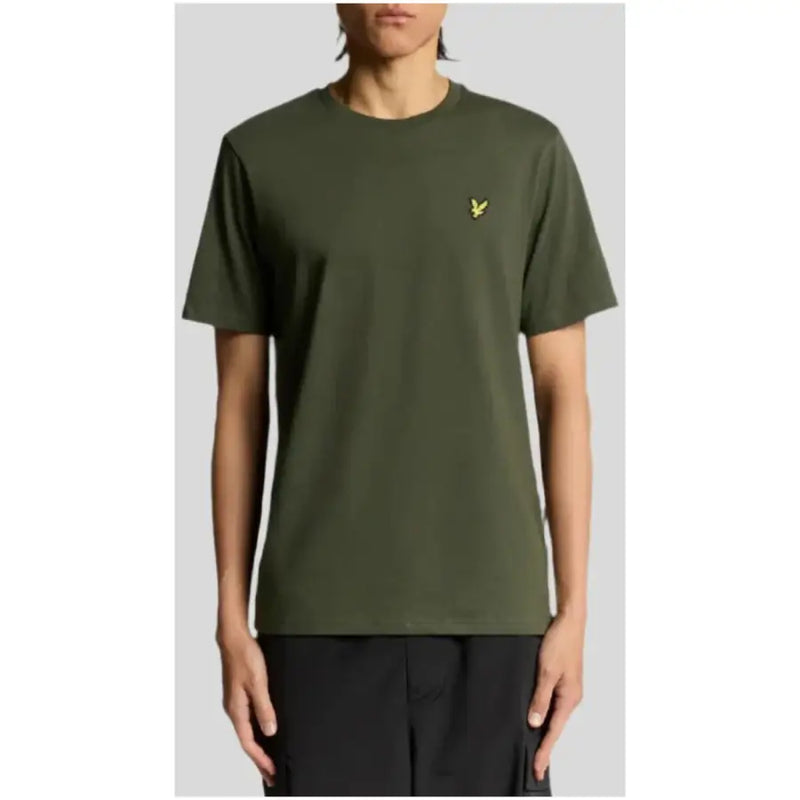 Men’s dark green crewneck T-shirt with yellow embroidered logo from Lyle & Scott