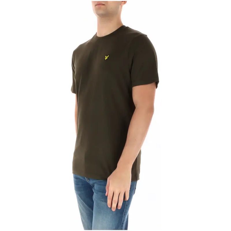 Lyle & Scott men’s dark olive green short sleeve round neck t-shirt with a small yellow bird logo on left chest