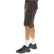 Cargo shorts with multiple pockets and a camouflage pattern in olive green, black, brown, and tan.