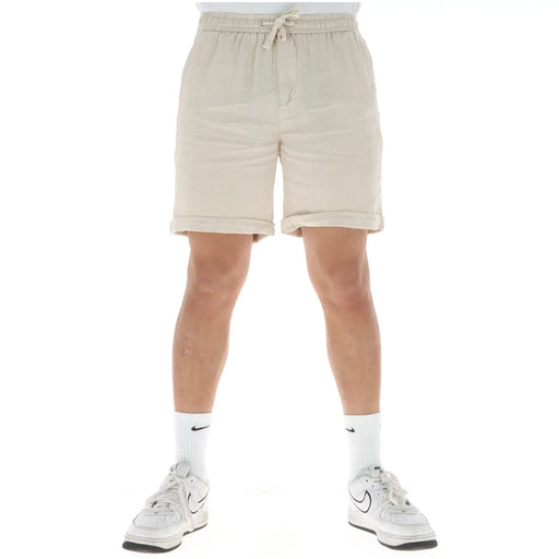 Lyle & Scott Short en lin beige pour homme, taille élastiquée avec cordon de serrage et ourlets roulés, vue de face