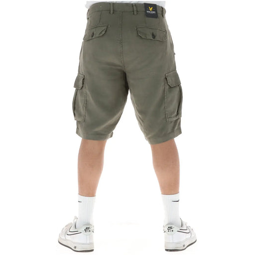 Lyle & Scott linen shorts for men in olive green with multiple cargo pockets and branded waistband label, front view