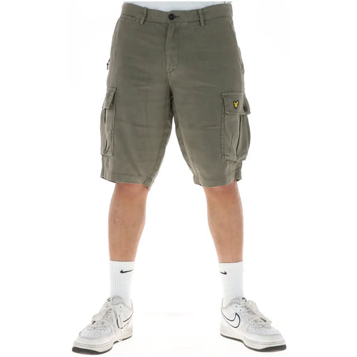 Lyle & Scott linen shorts for men in olive green with multiple pockets and yellow bird logo, front view