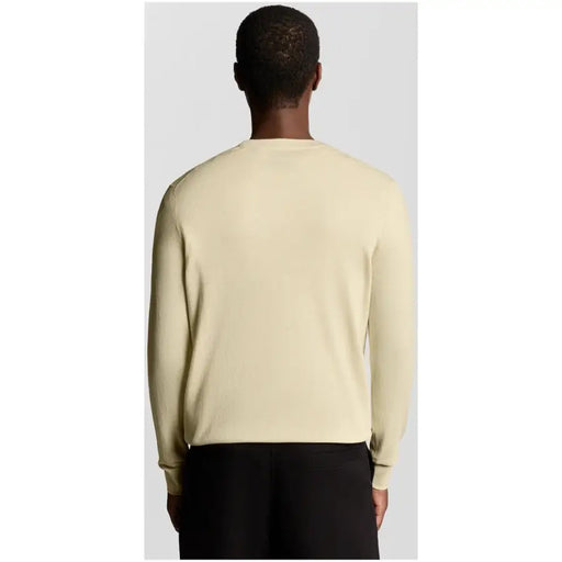 Lyle and Scott men beige cotton round neck sweatshirt with pale yellow long sleeves and smooth knit texture