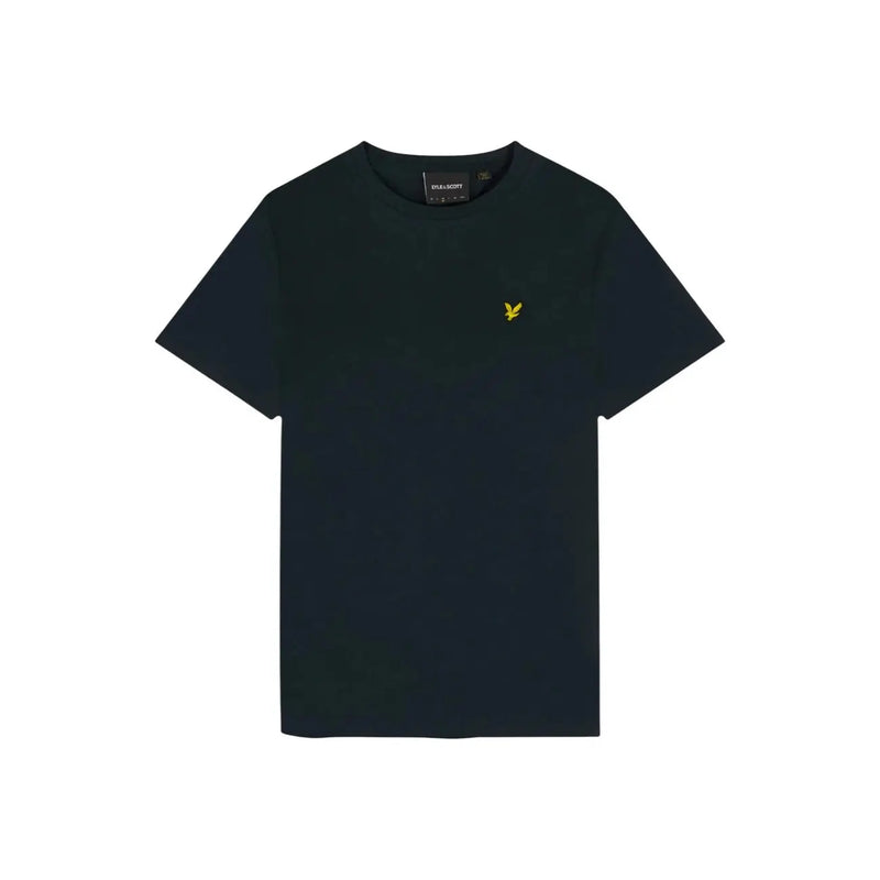 Black short-sleeved cotton t shirt by Lyle and Scott with a small yellow embroidered bird logo on the left chest