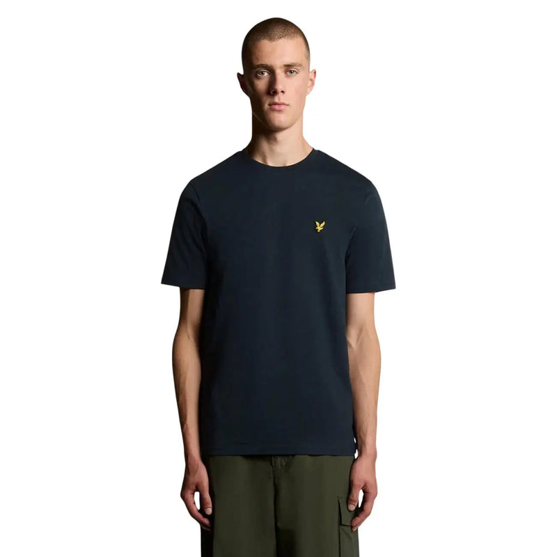 Lyle and Scott men blue cotton t shirt with short sleeves and small yellow bird logo on left chest