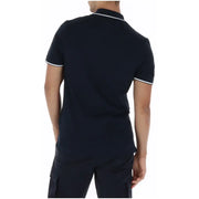 Navy blue short sleeve cotton polo shirt by Lyle and Scott with white trim on collar and sleeve cuffs