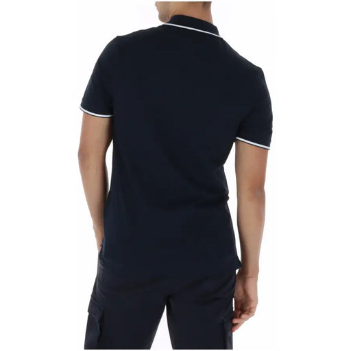 Navy blue short sleeve cotton polo shirt by Lyle and Scott with white trim on collar and sleeve cuffs