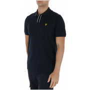 Navy blue short sleeve cotton polo shirt by Lyle and Scott with white collar trim and yellow bird logo on the chest