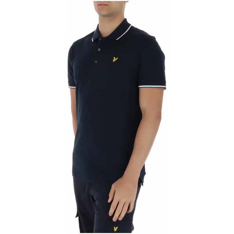Navy blue Lyle and Scott men short sleeve cotton polo shirt with white trim and yellow bird logo on the front