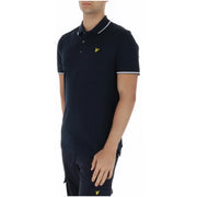 Navy blue Lyle and Scott men short sleeve cotton polo shirt with white trim and yellow bird logo on the front