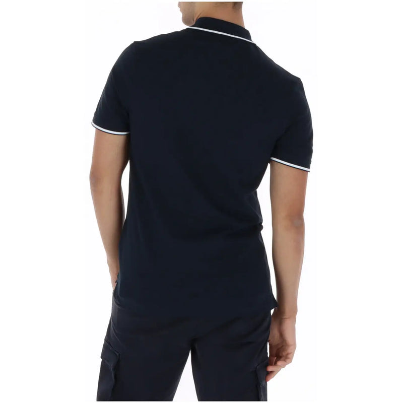 Navy blue short sleeve cotton polo shirt by Lyle and Scott with white trim on collar and sleeve cuffs