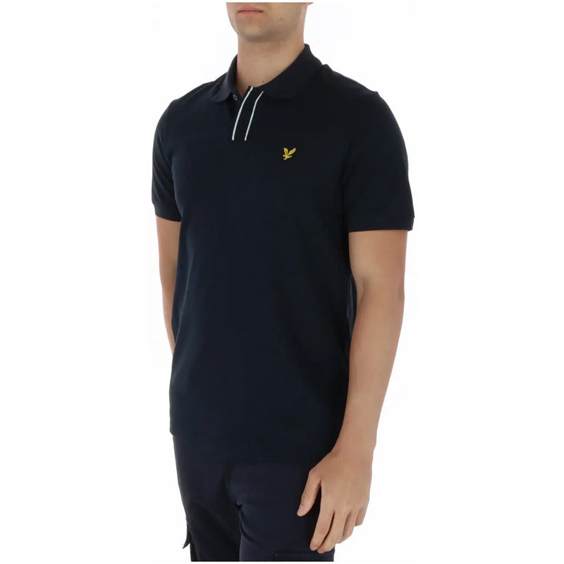 Navy blue short sleeve cotton polo shirt by Lyle and Scott with white collar trim and yellow bird logo on the chest