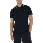 Navy blue lyle and scott men short sleeve cotton polo shirt with white trim and yellow bird logo on the chest