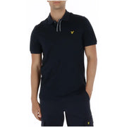 Lyle and Scott men blue short sleeve cotton polo shirt with yellow bird logo and white piping on the collar