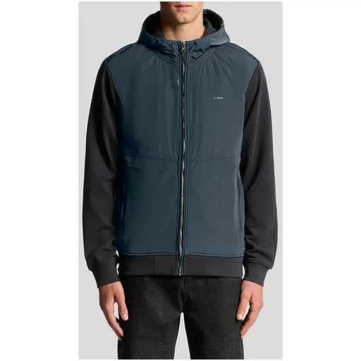 Lyle and Scott men blue zip hooded sweatshirt in dark teal and black with subtle chest logo and two-tone design